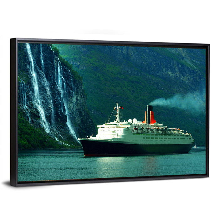 Cruise Ship at Geiranger Fjord Wall Art as a framed canvas