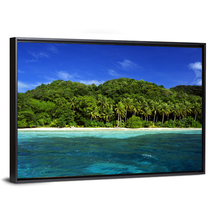 Turquoise Tropical Island Scene Wall Art as a framed canvas