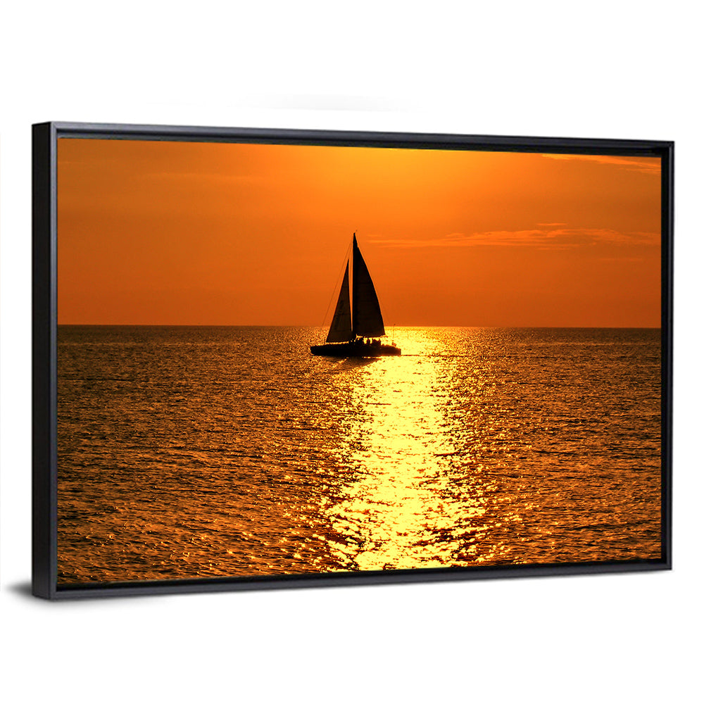 Sailboat Silhouette at Golden Sunset Wall Art