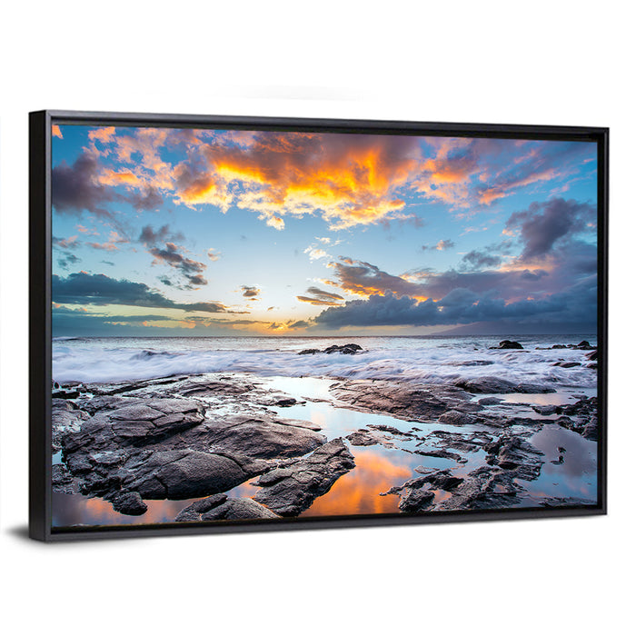 Sunset Over Volcanic Shore Wall Art as a framed canvas