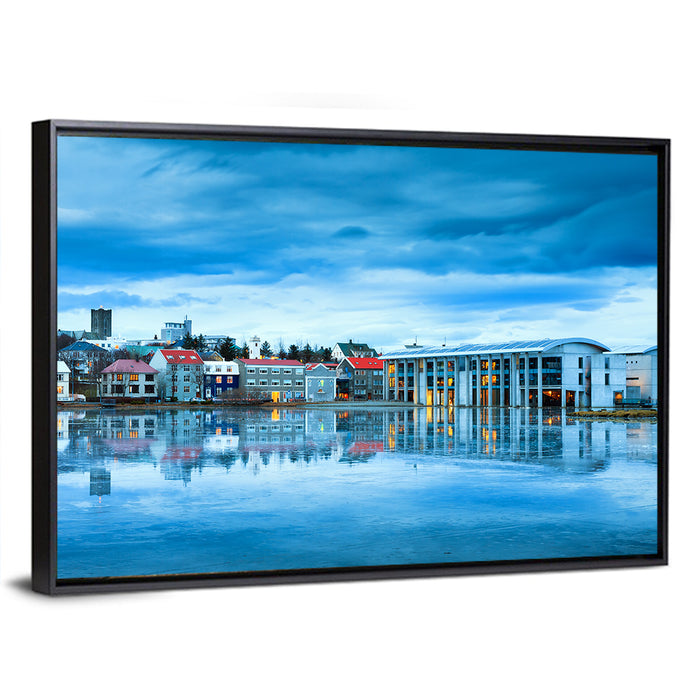 Reykjavik City Hall at Blue Hour Wall Art as a framed canvas