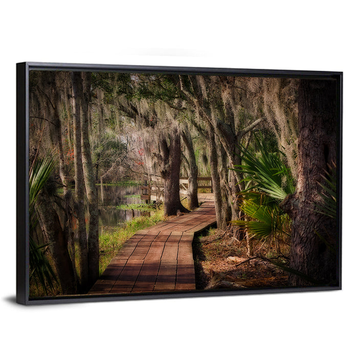 Louisiana Swamp Boardwalk Wall Art as a framed canvas
