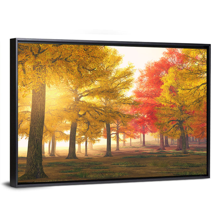 Foggy Autumn Forest Wall Art as a framed canvas