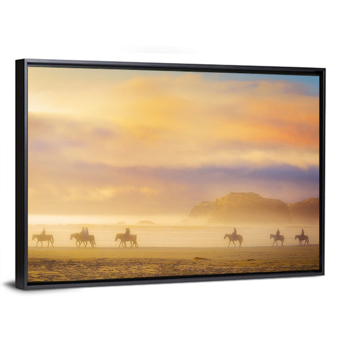 Misty Beach Horseback Riders Wall Art as a framed canvas