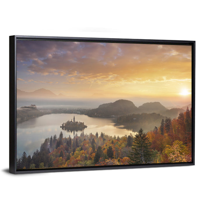 Autumn Morning at Lake Bled Wall Art as a framed canvas
