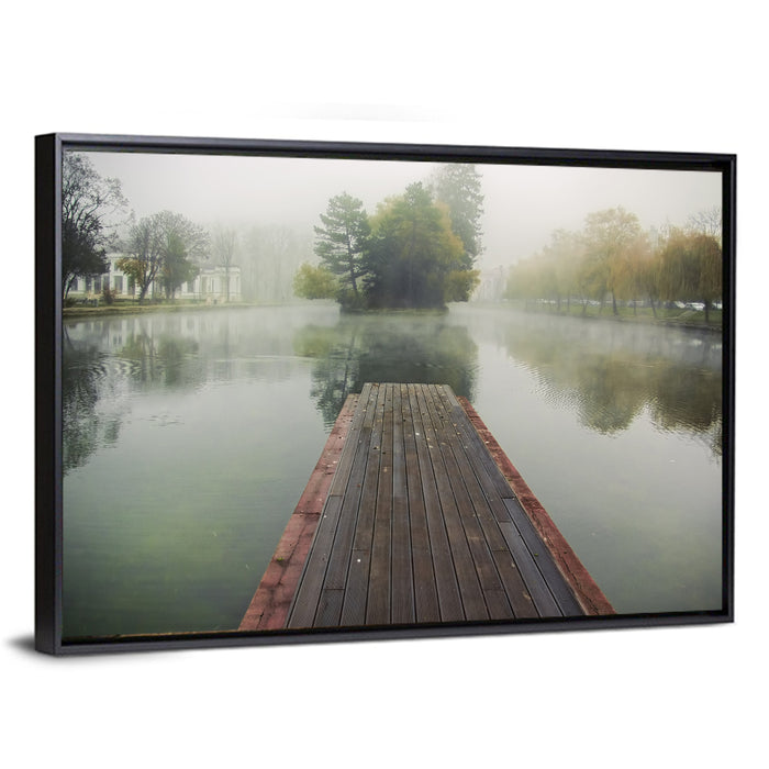 Wooden Pier on Foggy Lake Wall Art as a framed canvas