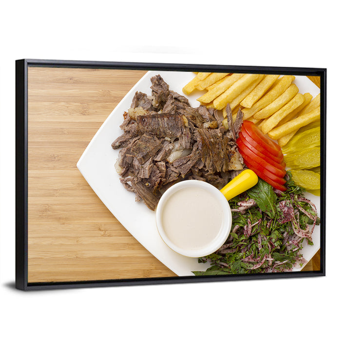 Shawarma and Fries Flat Lay Wall Art as a framed canvas