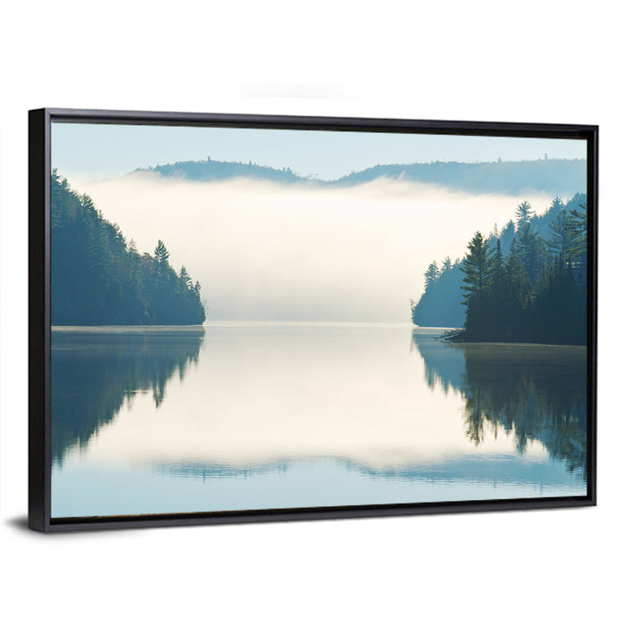 Foggy Lake Morning Wall Art as a framed canvas
