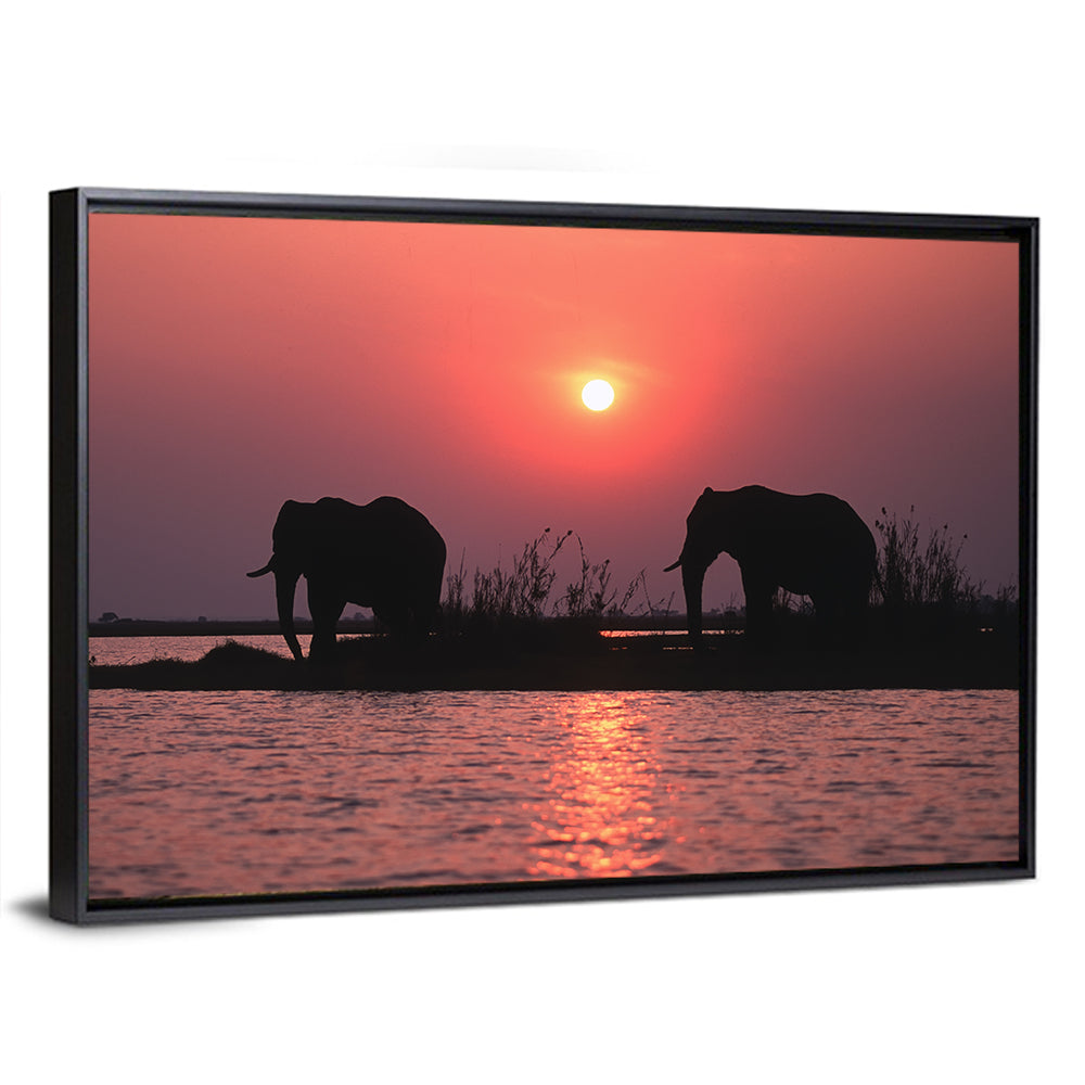 Elephants at Sunset Silhouette Wall Art