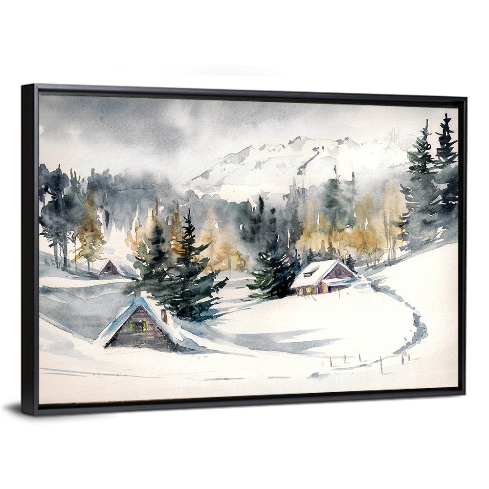 Snowy Mountain Village Watercolor Wall Art
