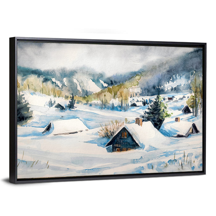 Snowy Mountain Village Wall Art as a framed canvas