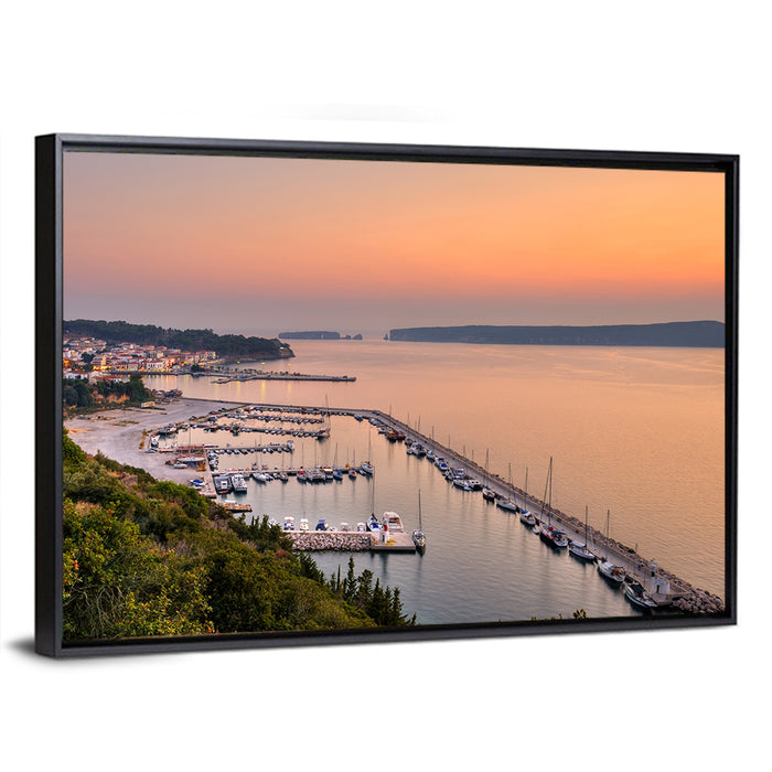 Pylos Harbor Lighthouse Sunset Wall Art as a framed canvas