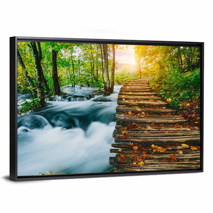 Plitvice Lakes Autumn Walkway Wall Art as a framed canvas
