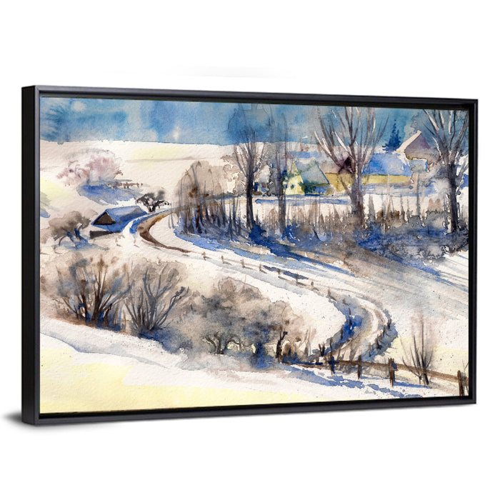 Snowy Village Road Wall Art as a framed canvas