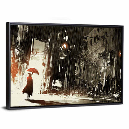 Woman with Umbrella on Rainy Street Wall Art