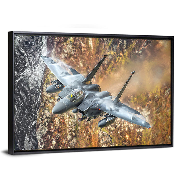 F-15 Over Mountain Canyon Wall Art as a framed canvas