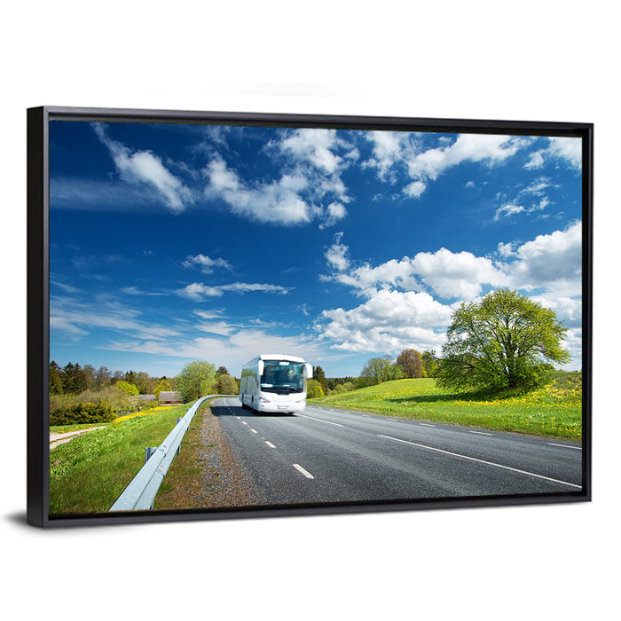 White Bus on Meadow Road Wall Art as a framed canvas