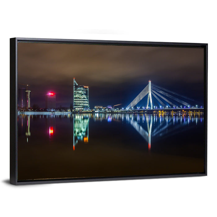 Vanšu Bridge Night Skyline Wall Art as a framed canvas