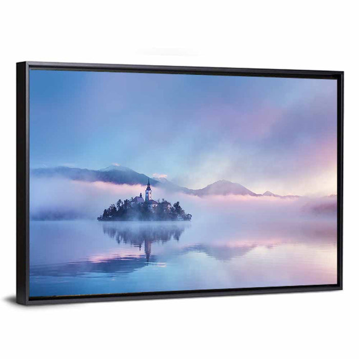 Bled Island Church in Mist Wall Art as a framed canvas