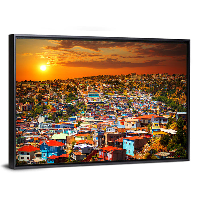 Valparaíso Hills Sunset Wall Art as a framed canvas
