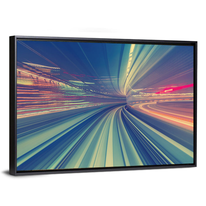 Monorail Night Light Trails Wall Art as a framed canvas