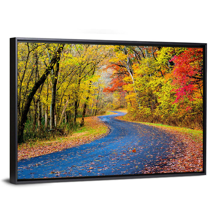 Wet Autumn Road Wall Art as a framed canvas