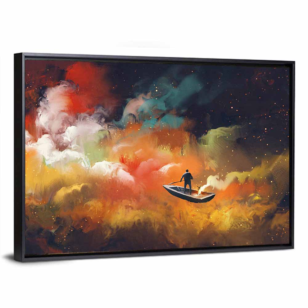 Solitary Man in Boat Under Celestial Clouds Wall Art