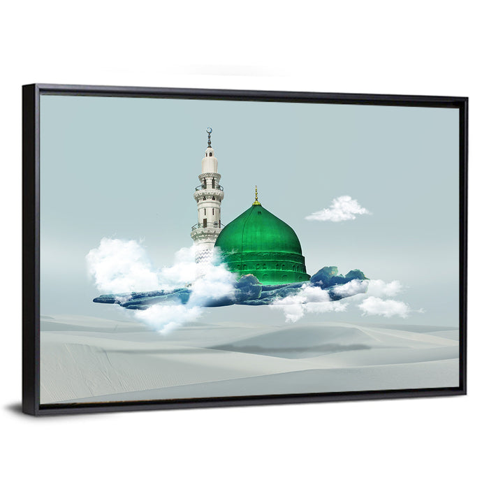Green Dome of Al-masjid An-nabawi Wall Art as a framed canvas