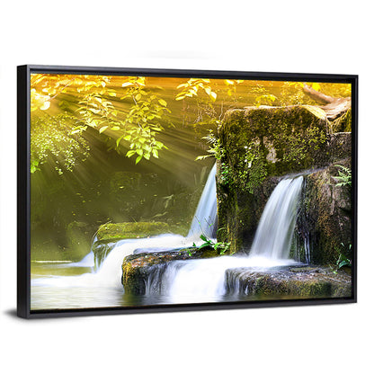 Sunlit Forest Waterfall Wall Art