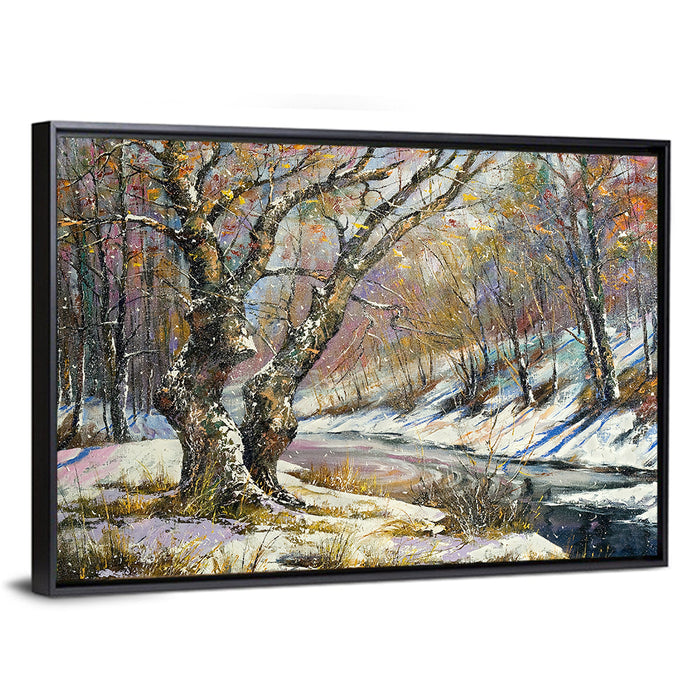 Frozen River in Winter Woodland Wall Art as a framed canvas