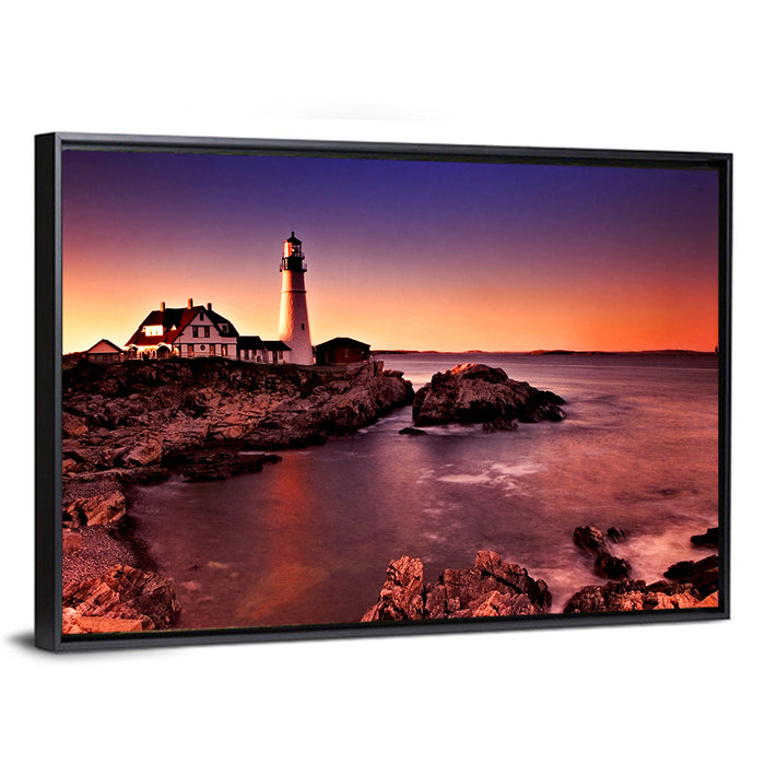 Portland Head Light at Dusk Wall Art as a framed canvas