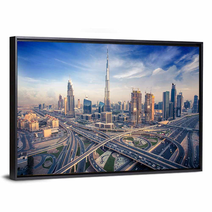 Dubai Aerial Skyline Wall Art as a framed canvas