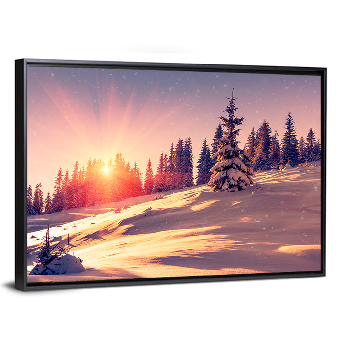 Winter Mountains Sunrise Wall Art as a framed canvas