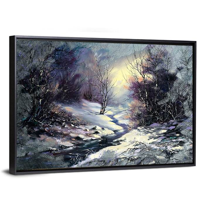 Sunlit Frozen Stream in Winter Forest Wall Art as a framed canvas