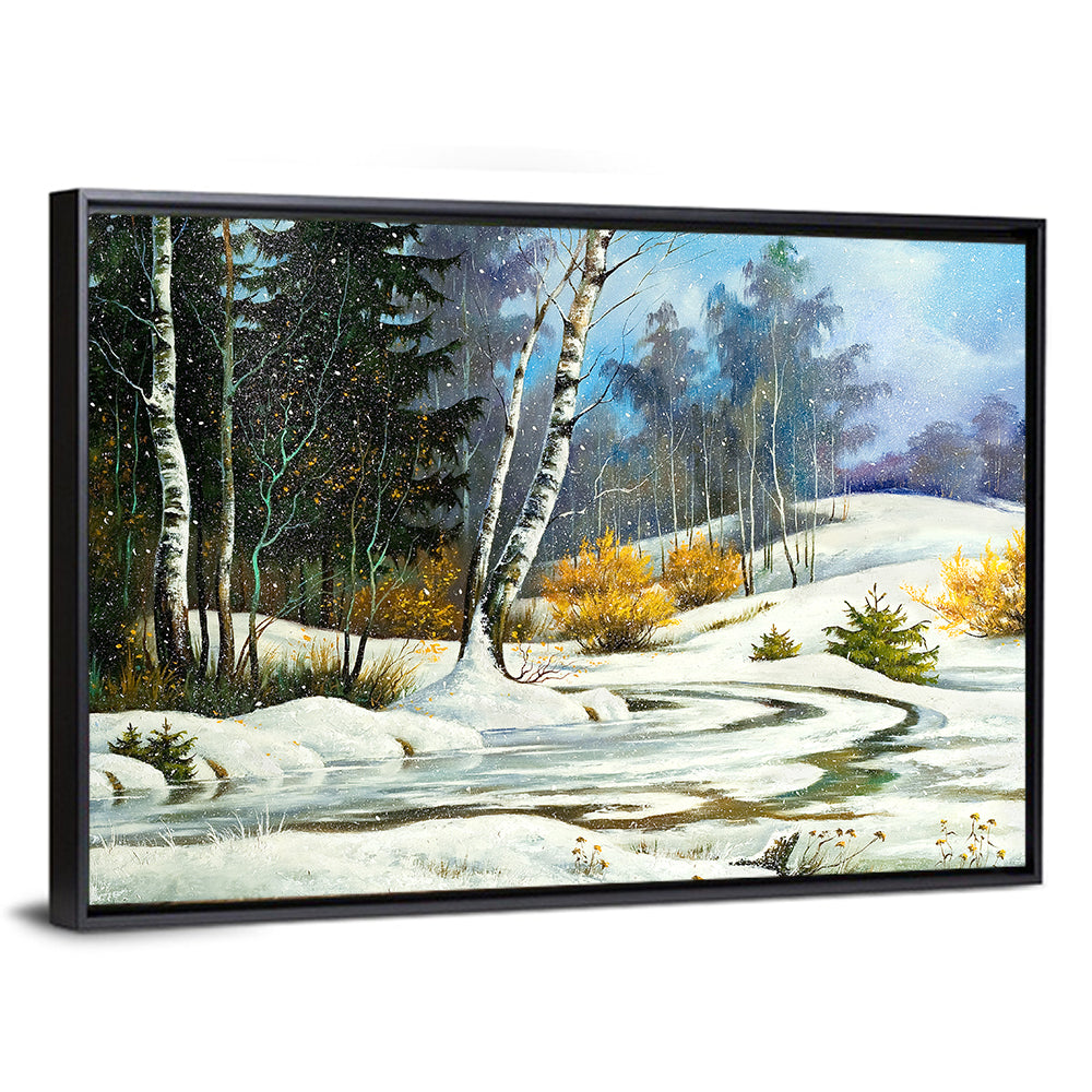 Birch Trees and Frozen Creek Landscape Wall Art