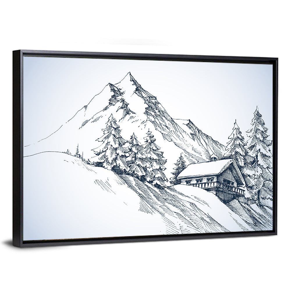 Snowy Mountain Cabin Sketch Wall Art