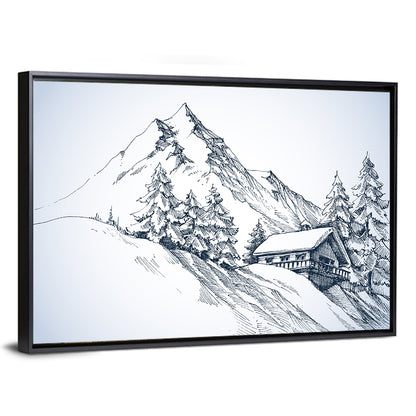 Snowy Mountain Cabin Sketch Wall Art