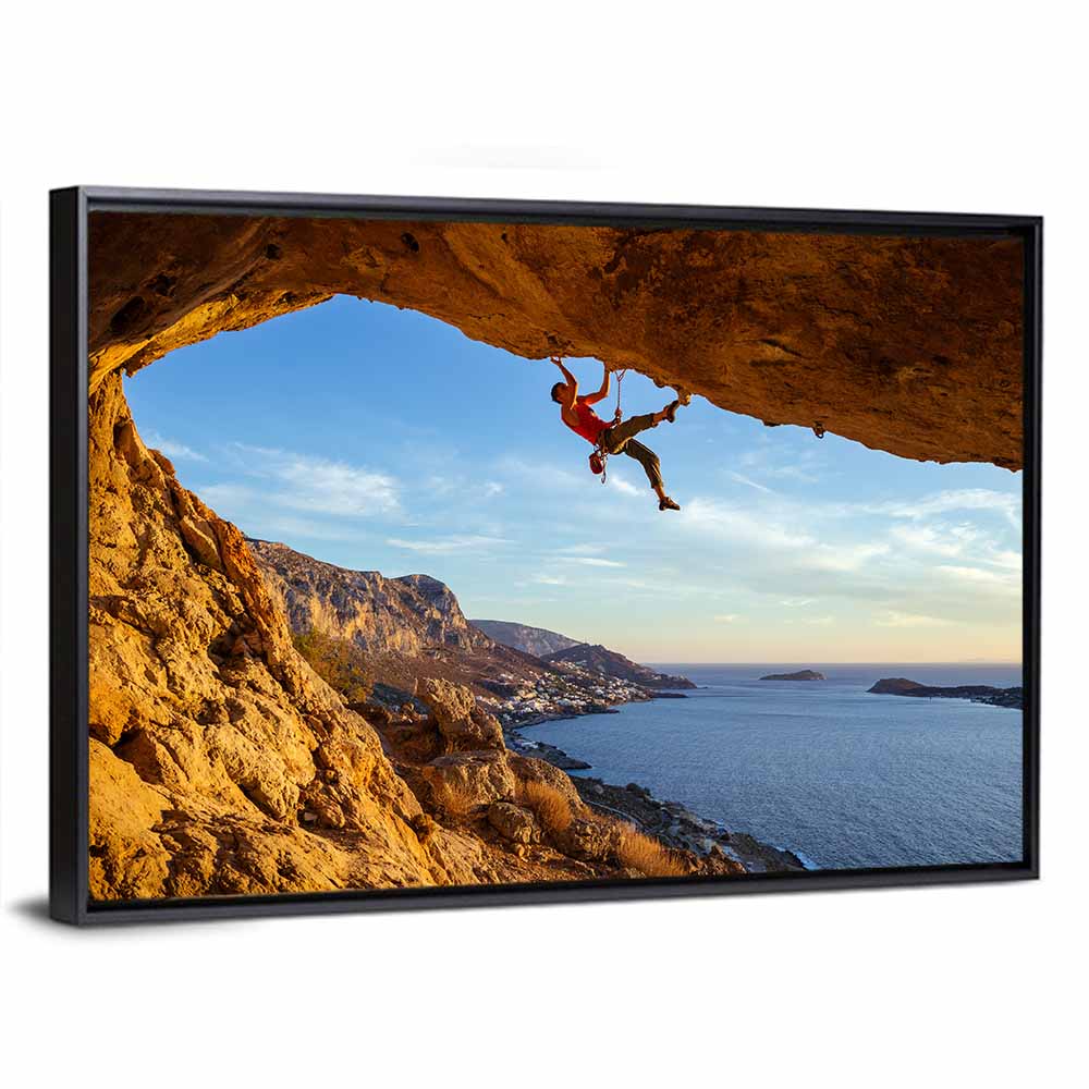 Climber on Overhanging Coastal Rock Wall Art