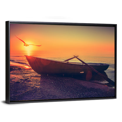 Sunset Rowboat on Sandy Shore Wall Art