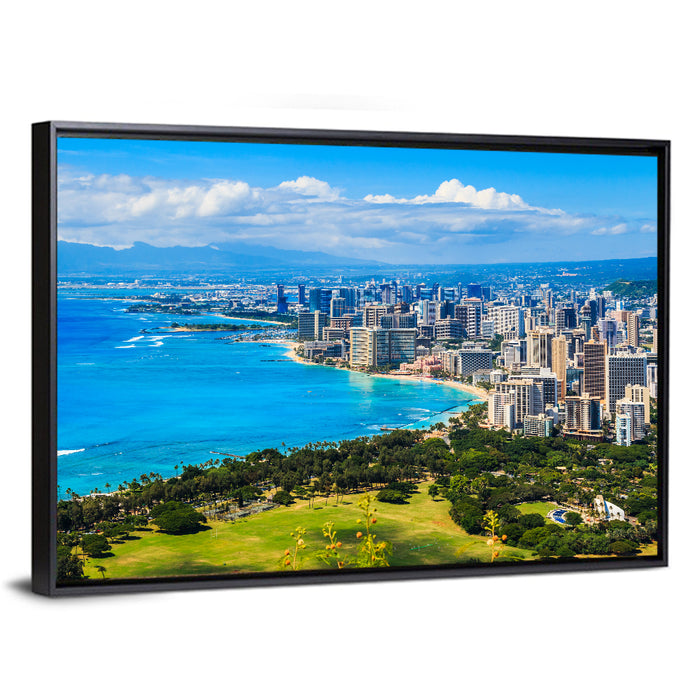 Honolulu Skyline Wall Art as a framed canvas