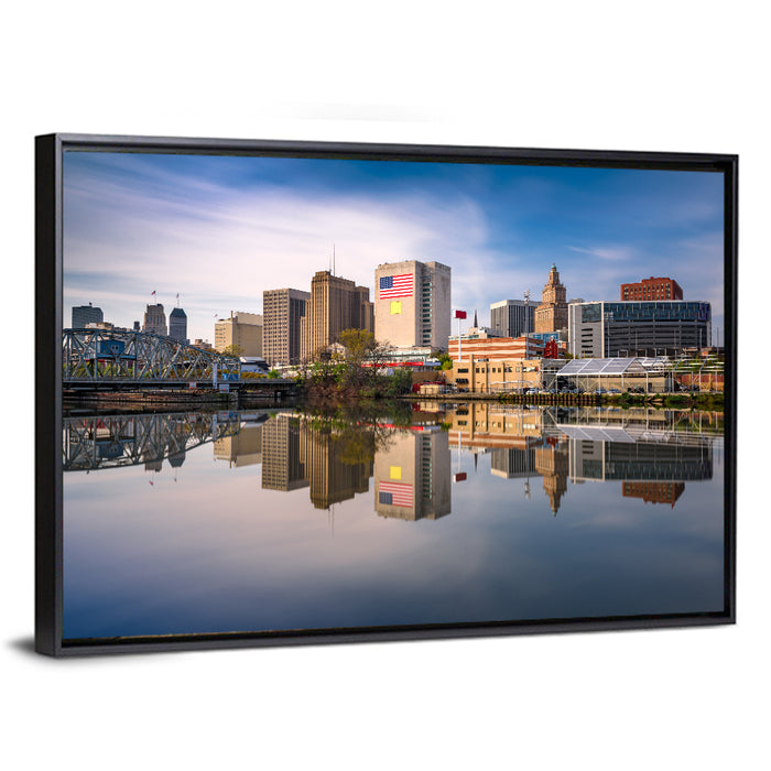 Newark Skyline Reflection Wall Art as a framed canvas