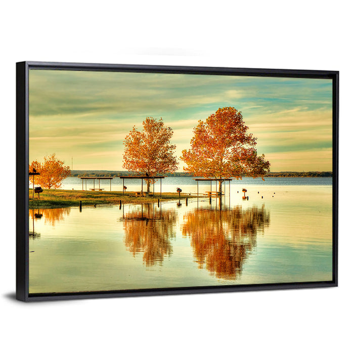 Lake Waco Autumn Reflection Wall Art as a framed canvas