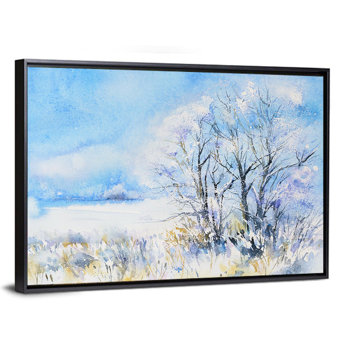 Blue Watercolor Winter Landscape Wall Art as a framed canvas