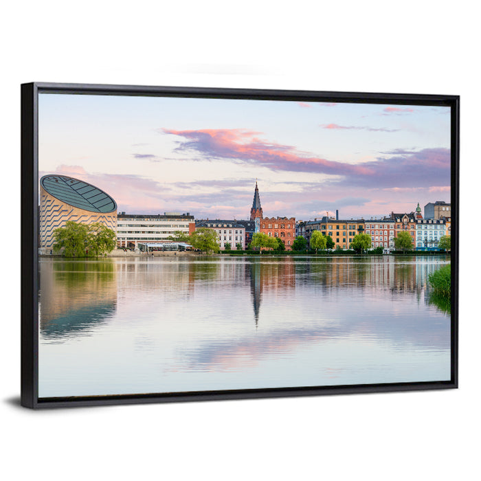 Copenhagen Lake at Sunset Wall Art as a framed canvas