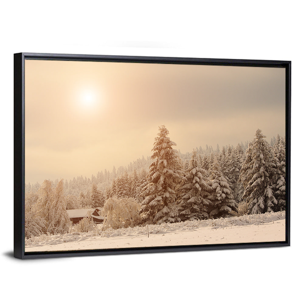 Snowy Pine Forest at Golden Hour Wall Art