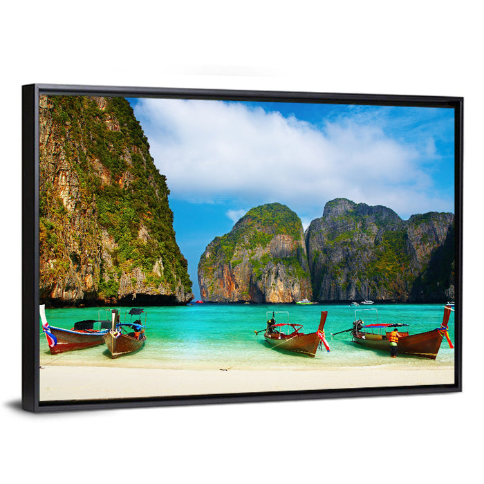 Maya Bay Long-tail Boats Wall Art as a framed canvas
