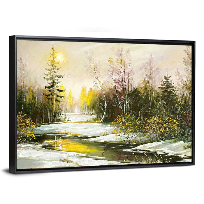 Sunlit Winter River Landscape Wall Art as a framed canvas