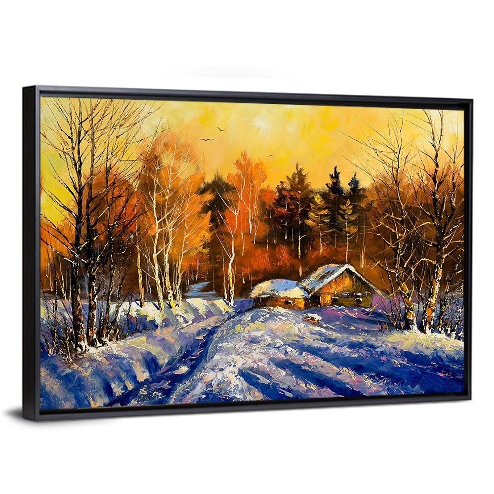 Winter Cottage Sunset Wall Art