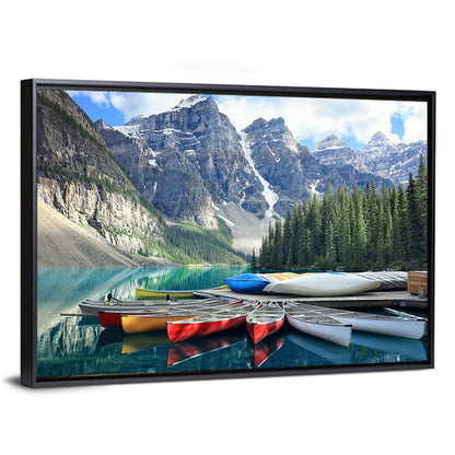 Moraine Lake Canoes at Lake Louise Wall Art