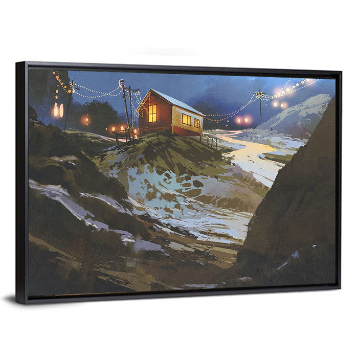 Wooden Cabin in Snowy Mountains Wall Art as a framed canvas